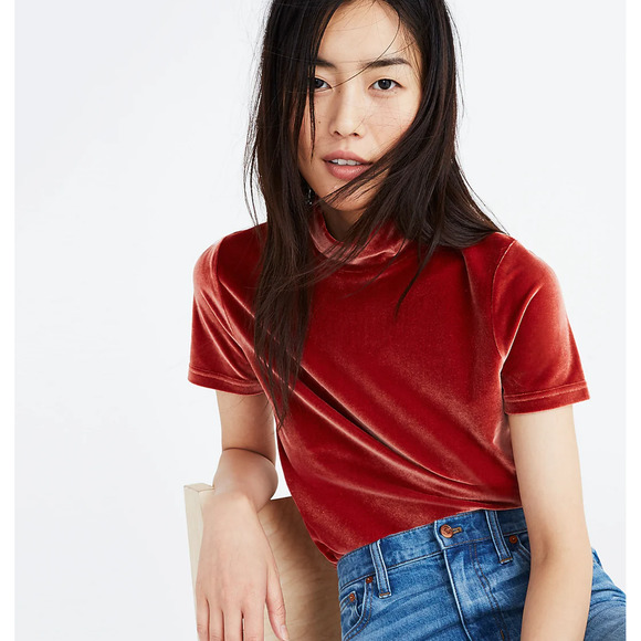 Madewell Tops - Madewell Velvet Mockneck Tee | Burnt Orange | Stretchy soft | Size Large